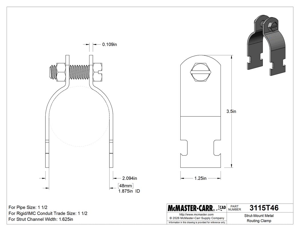 Technical Drawing of Strut-Mount Metal Routing Clamp, 304 Stainless Steel, 1-7/8" ID, 7/64" Thick.